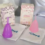 Copa Menstrual Original morada y rosa iCare con sus empaques y bolsas.